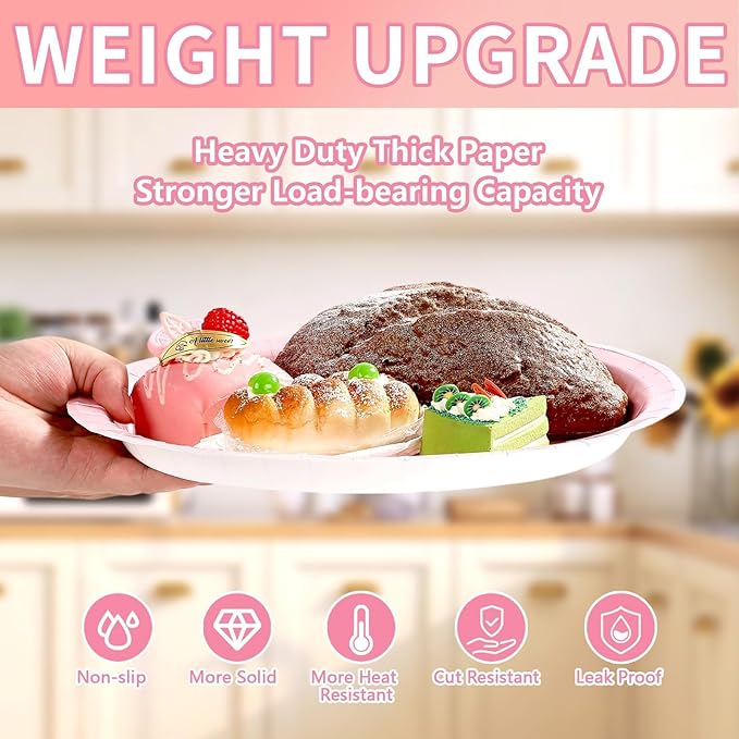 Grencian 50Pcs Pink Oval Paper Plates 10" x 12" Large Disposable 400GSM Heavy Duty Light Pink Paper Plates for Valentine's Day Girls Women Birthday Wedding Bridal Shower Baby Shower Party Supplies