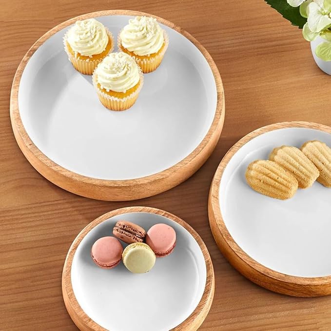 ARTISAN TOUCH Premium Wooden Serving Bowl Set with White Inner Natural Wood & Ceramic Finish Bowls for Snacks, Salad, Fruits & Dry Fruits Stylish Kitchen & Dining Tableware