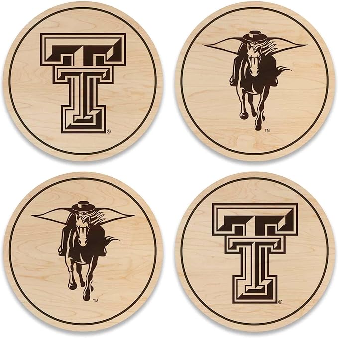LazerEdge Texas Tech Red Raiders Wooden Coaster Set - Maple Wood - Officially Licensed Product - 4-Pack