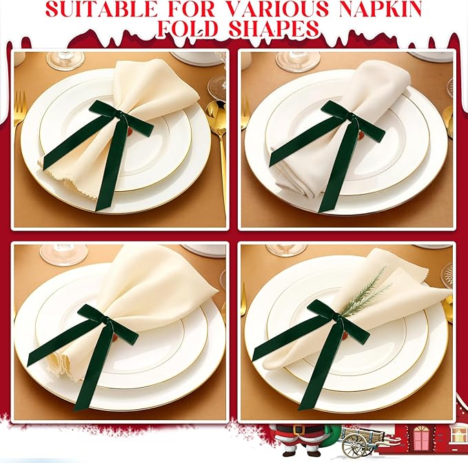 Riceshoot Velvet Bow Napkin Rings Bows with Gold Semicircle Metal Napkin Ring Velvet Bow Holder for Wine Bottles Table Settings Candlestick Wedding Valentine's Day Dinner(Green,6 Pcs)