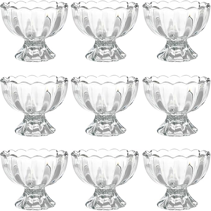 Iced Cream Dessert Bowl，Set of 9，6oz Vintage Glass ware with Heavy Base, Drinking Cup for Sundae, Fruit, Ice Cream, Snack, Condiment (9)