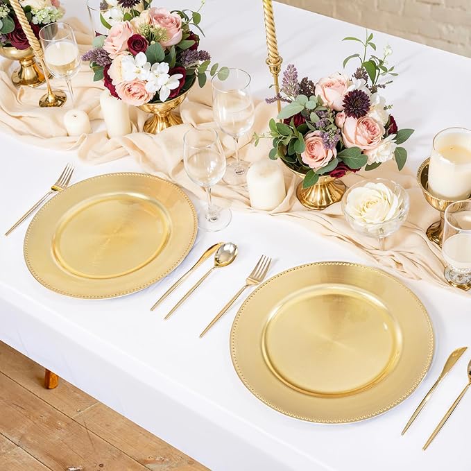 LIYH 8 Pcs Gold Charger Plates 13'' Plastic Round Chargers Plates Reusable Wedding Dinner for for Table Setting Wedding Party Decoration