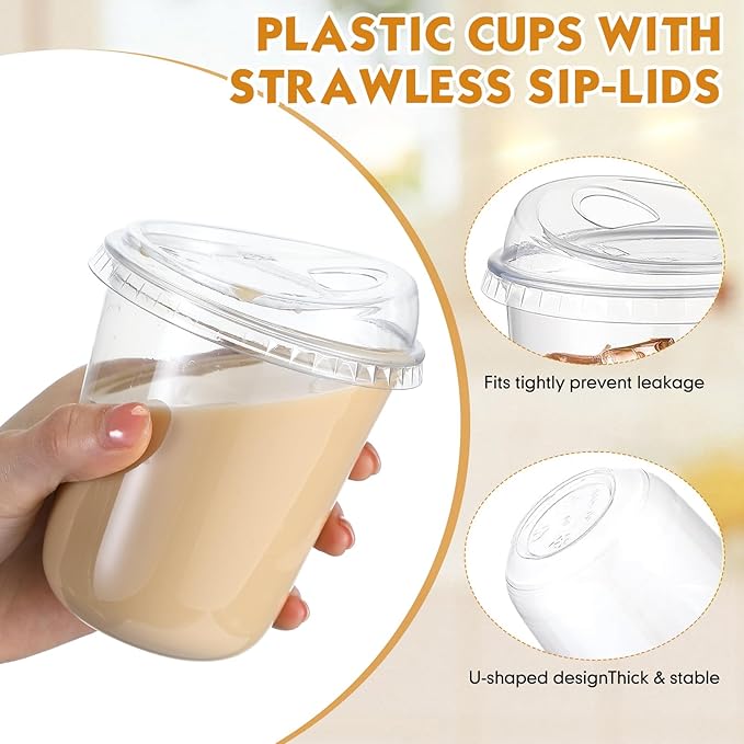 Baderke 50 Pcs Plastic Cups with Sip Lids Round Bottom Disposable Plastic Coffee Cups with Lids Clear Strawless Crystal Mugs for Iced Coffee Smoothie Cold Beverage Party Catering Supplies (14 oz)