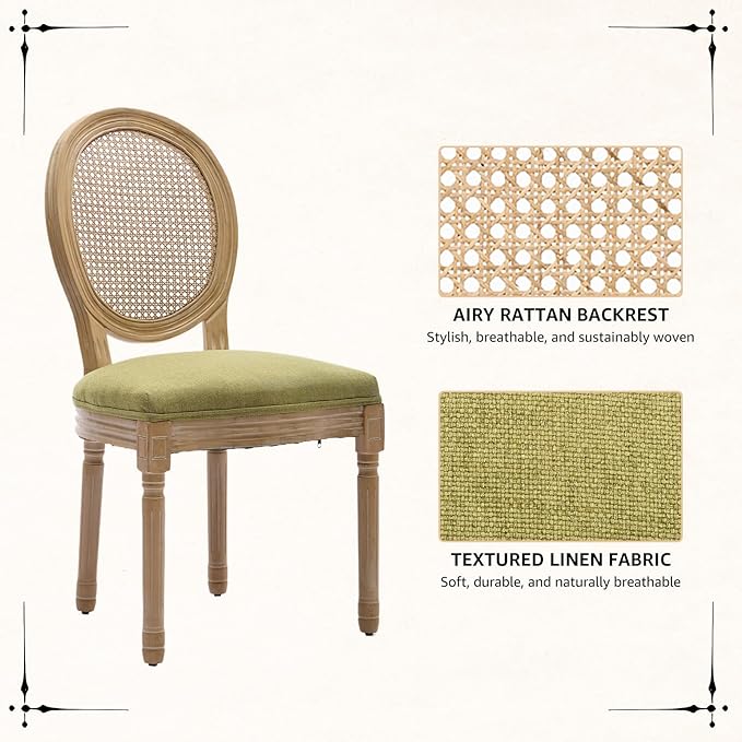 Vintage French Rattan Dining Chairs Set of 2, Round Back Accent Chairs with Rattan Backrest and Upholstered Linen Seat, Solid Frame Wood Sillas de Comedor for Dining Room & Kitchen, Olive Green