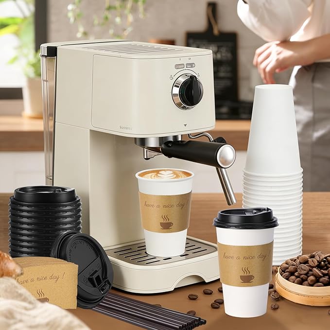 500 Pack 16 oz Disposable Paper Coffee Cups, Paper To Go Cups with Lids, Sleeve and Straw, Hot Paper Cups for Home, Office and Party (White 16oz)