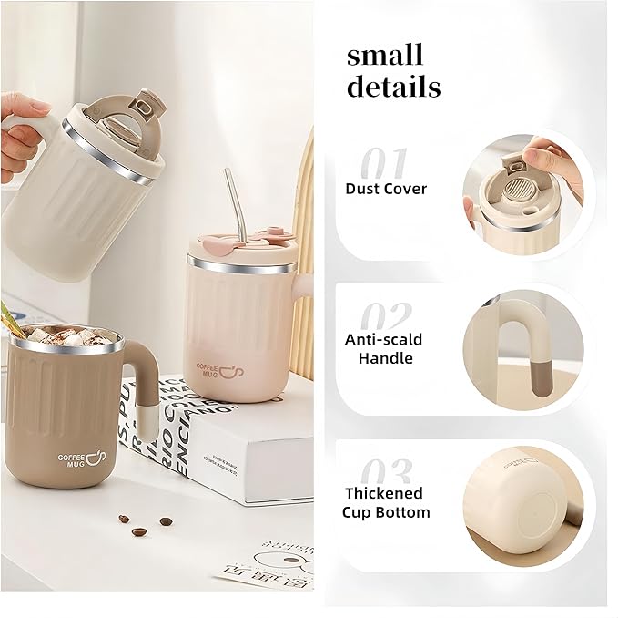 16oz Insulated Coffee Mugs - Ideal for Indoor Office Use. Features SUS 304 Inner, Double Wall Insulation, Detachable Silicone Ring. 3 Drinking Options. Available in White, Brown, Pink (khaki)