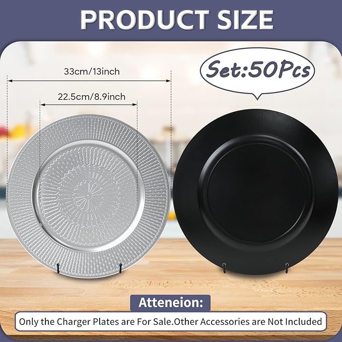 PROY 50 Pcs Silver Charger Plates Bulk, 13 Inch Silver Chargers for Dinner Plates Plastic Reusable Round Charger Platters for Table Setting, Wedding, Party, Event
