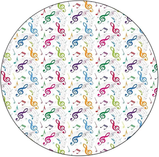 Elastic Tablecloth, Music Decor Decorative Fabric Table Cover for, Notes on Circle Shape Geometric Background Carnival, Fit Round Tables 48inch Diameter, for Dining Room/Party/Banquet Decoration