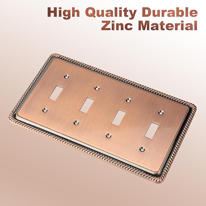 Henne Bery Rope Edge Decorative Wall Plate Switch Plate Outlet Cover (Quad Toggle, Antique Copper)