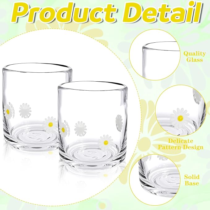 Icon Juice Glasses, 14oz Stemless Wine Drinking Juice Glass Cup for Valentine Party Supplies Gift(2 Pcs,Daisy)