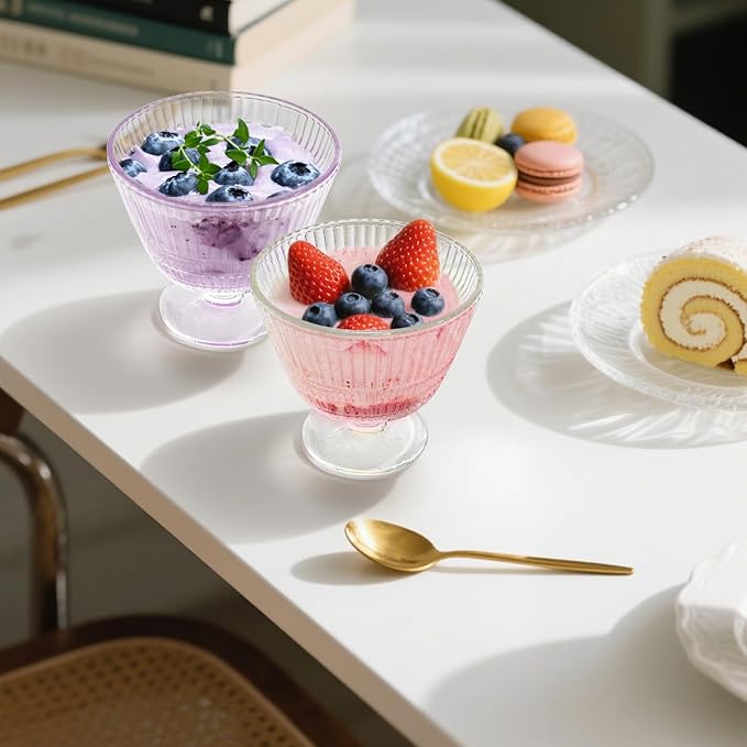 6 Pack Glass Dessert Bowls Set, 10.8 Oz Vintage Ice Cream Cups with Pedestal, Fluted Sundae Dishes Pudding Footed Bowl for Ice Cream, Dessert, Parfait, Candy, Fruit