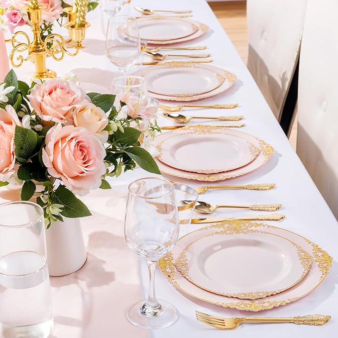 Nervure 100PCS Pink and Gold Plastic Plates - 10.25Inch Pink Disposable Plates - Plastic Dinner Plate for Weddings & Parties