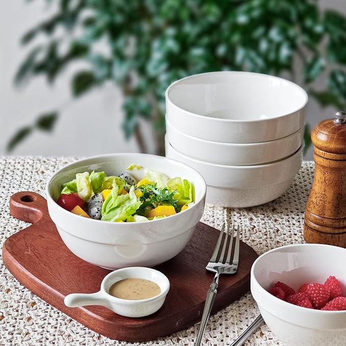 HAPPY KIT 12 Pieces Porcelain Dinnerware Set, Serving Plates and Bowls Set for 4, Chip and Scratch Resistant White Kitchen Dishware Sets, Thick-edge Non-slip Design