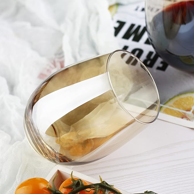 LUXU Amber Stemless Wine Glass(Set of 4)-20 Ounces,Colored Water Juice Drinking Glasses,All-Purpose Glass Wine Tumblers,No Stem Glass Beverage Cups,Perfect for Home,Bar,Restaurants and Parties