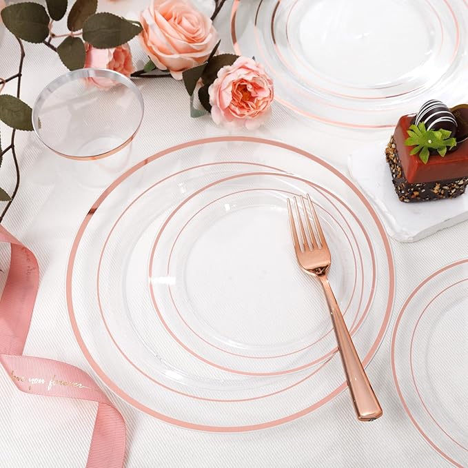 bUCLA 600PCS Clear Rose Gold Plastic Dinnerware Set Disposable - Include 100 Dinner Plates, 100 Dessert Plates, 100 Knives, 100 Forks, 100 Spoons, 100 Cups for Party, Wedding & Valentines Day