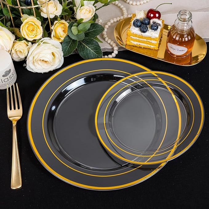 I00000 100PCS Clear Gold Plastic Plates, Clear Dinner Plates with Gold Rim 10 Inch, Fancy Disposable Wedding Premium Plastic Plate for Wedding & Party