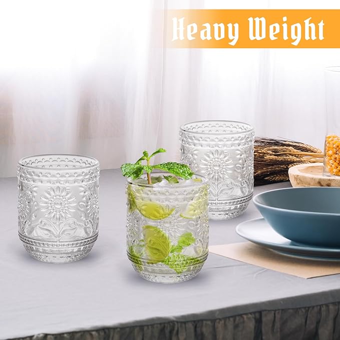 Topsky Vintage Drinking Glass Set of 4,12 oz Embossed Floral Drinkware Set,Colorful Drinking Glasses Cups Wine Glasses Colored Glassware for Whisky,Beer,Juice,Cocktail,Heavy Duty-Clear