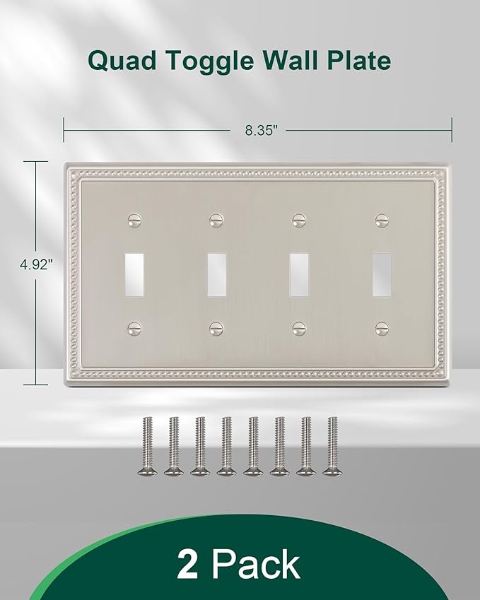 2-Pack Quad Toggle Light Switch Cover Plate, 4 Gang Metal Switch Plate Covers, Brushed Nickel Pearls Decorative Wall Plate, Corrosion Resistant