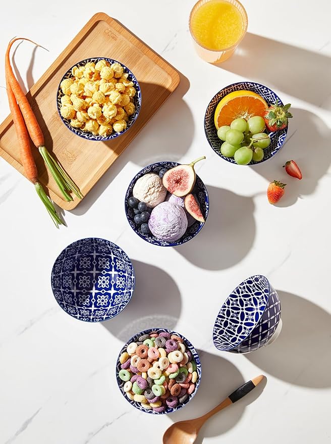 Blue and White Bowls, Ceramic Dessert Bowls 10 Oz, Porcelain Bowl Set for Ice Cream, Decorative Bowls for Snack Soup Condiments, Side Dishes, Set of 6