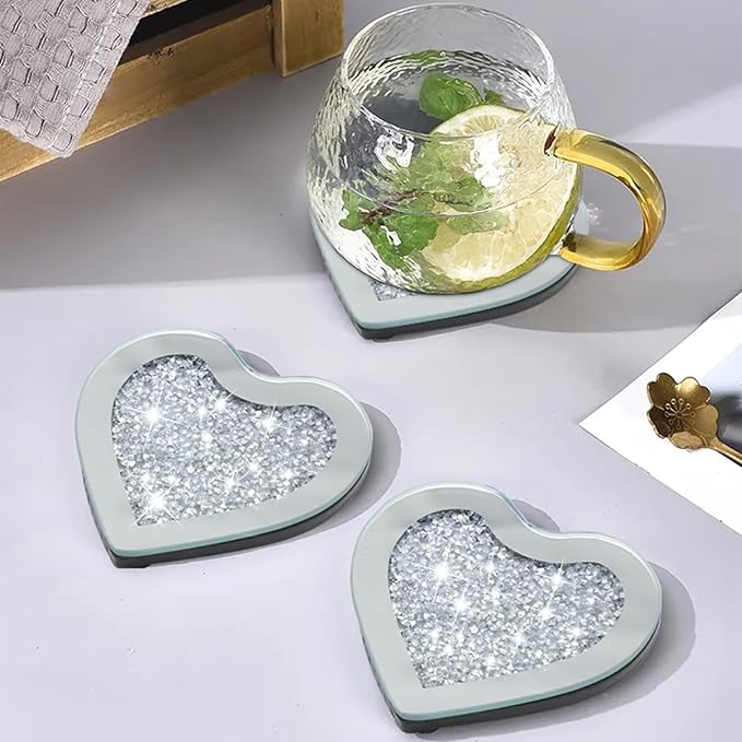 Glass Mirrored Coasters Set of 4, Heart Shaped Coasters with Crystal Diamond, Mirrored Silver Glass Cup Mats for Drinks, Advanced Top Decorations (4" x 4")
