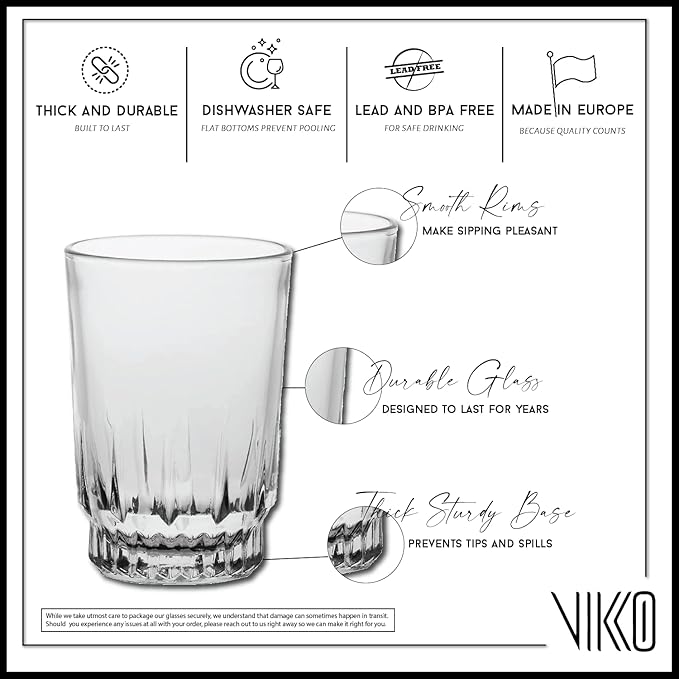 Vikko 5 Ounce Juice Glasses, Heavy Base SMALL Glassware for Drinking Orange Juice, Water, Perfect Cup for Children, Tasting, and Small Portions, Set of 6 Crystal Clear Glass Tumblers