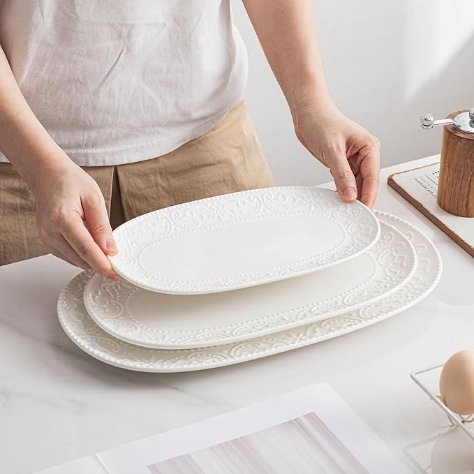 Oval Serving Platter, 14"/12"/10" Ceramic Serving Platters, Embossed White Serving Plates, Stackable Porcelain Tray for Appetizer, Dessert, Pasta, Sushi, Oven Dishwasher Safe, Set of 3, Family Dining