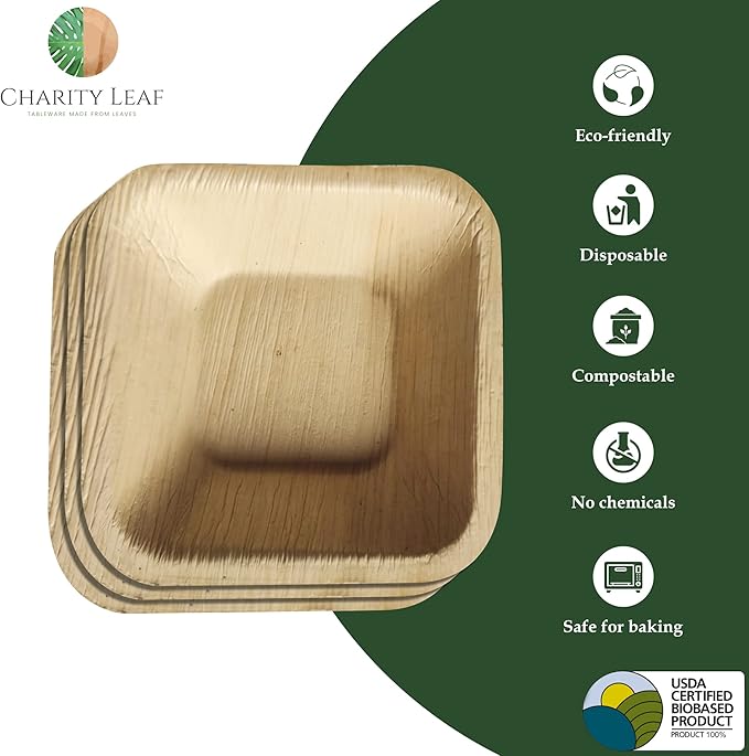 Charity Leaf Disposable Palm Leaf 2.5" Square Mini Bowl (100 pcs) Dipping Bowls | Bamboo Like| All Natural and Biodegradable | Charcuterie Boards, BBQs, and Parties