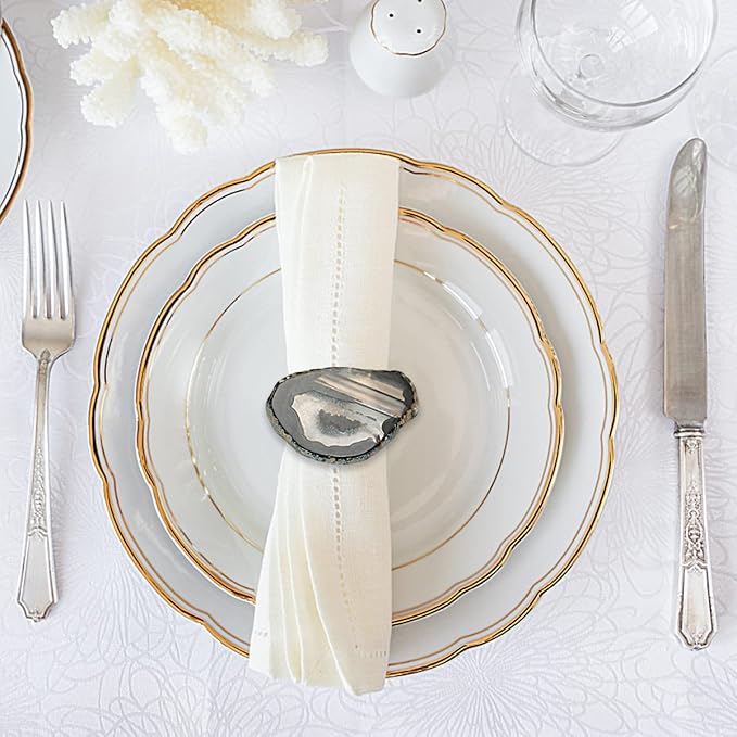 CozyTower Agate Napkin Rings Set of 4, Gold Napkin Holders for Cloth Napkins, Unique Wedding Decorations Napkin Ring Kitchen Accessories for Dinner Party (Black Agate)