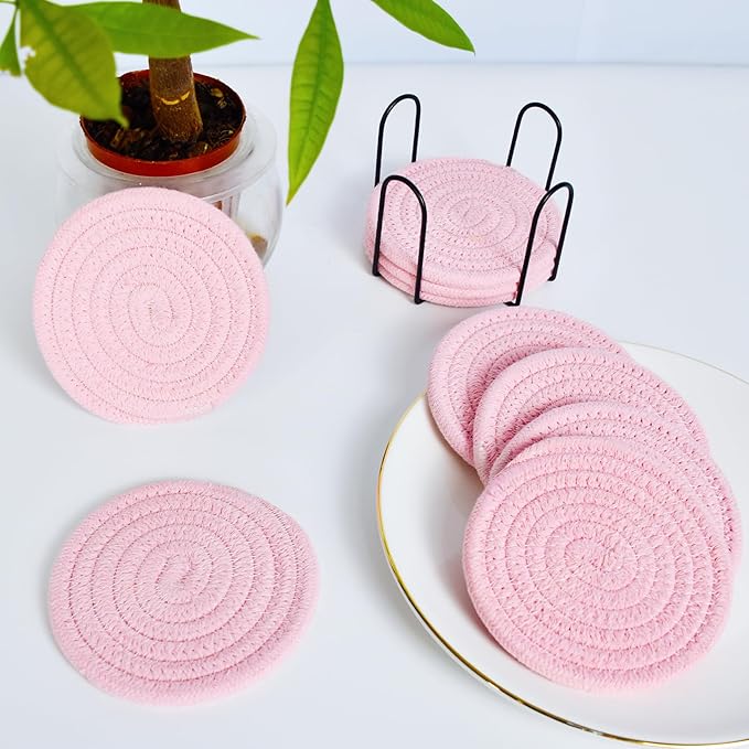 ABenkle Drink Coasters with Holder Set of 10, Cotton Woven Absorbent Coasters for Drinks, Minimalist Home Decor Coaster Set for Wooden Tabletop Protection Table, 4.3 inches