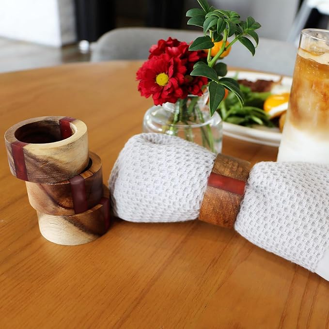 Wooden Napkin Rings Set of 8 for Christmas Dinning Table Decor - Acacia Wood Resin Napkin Holder Napkin Ring for Home and Kitchen Décor (Red Round Shape)