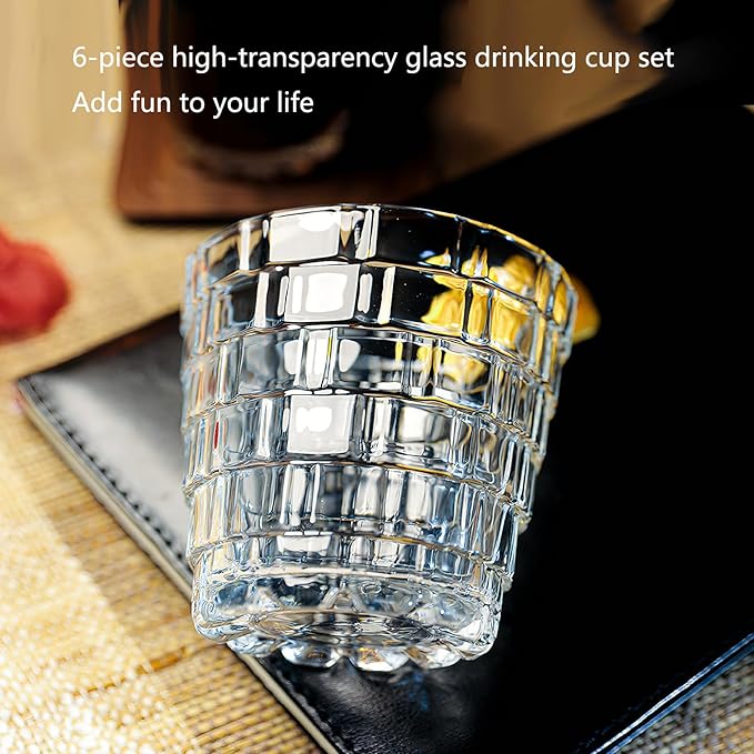 Vintage Drinking Glasses Set of 6, 8 oz Brick-Shaped Glass Cups, Mojito Glass Cups Stackable Water Tumbler, for Beer, Cocktail, Whiskey, Juice & Mixed Drinks.