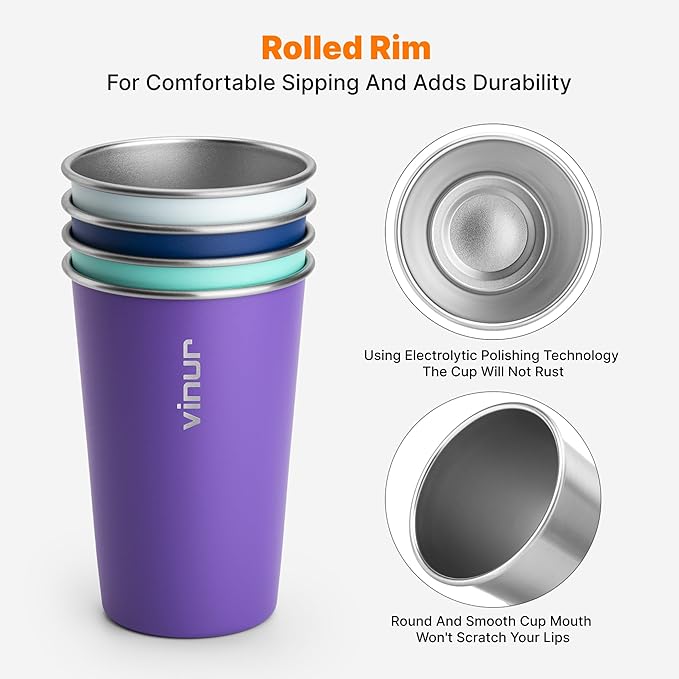 VINUR 4 Pack Stainless Steel Cups 16 oz Pint Tumbler Stackable Metal Drinking Glasses for Travel, Camping, Outdoors (Baby Blue-Navy-Teal-Purple)