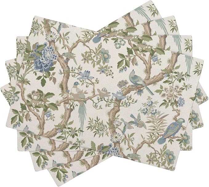 Chinoiserie Spring Placemats Set of 4, 12x18 Inch Blue Green Floral Bird Table Mats Summer Vintage Flowers Holiday Decorative Table Placemats for Party Home Kitchen Dining Table Decoration
