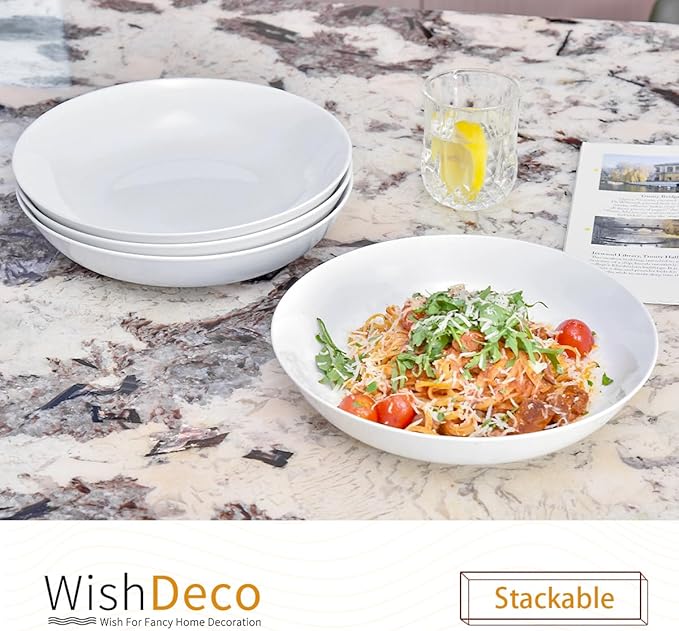White Pasta Bowls Set of 4, Porcelain Salad Bowls 37 oz, Wide and Shallow Serving Bowl 9 Inch, Large Pasta Plates, Serving Dishes for Soup, Dinner, Microwave and Dishwasher Safe