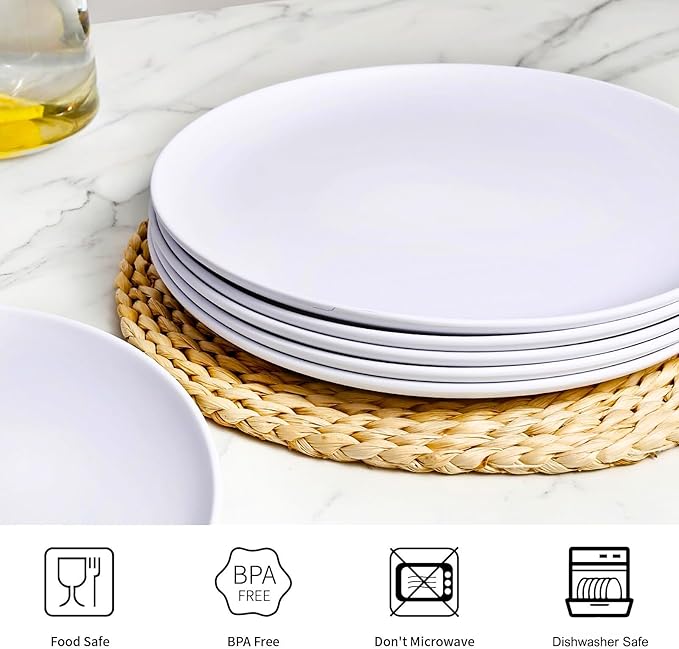 TP 10" Plate Set, 6-Piece Melamine Round Dinner Plates, Unbreakable Weighty Serving Dishes for Home, Outdoor Party, Restaurants, White