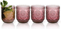 Topsky Vintage Drinking Glass Set of 4,12 oz Embossed Floral Drinkware Set,Pink Purple Drinking Glasses Cups Wine Glasses Colored Glassware for Whisky,Beer,Juice,Cocktail,Heavy Duty