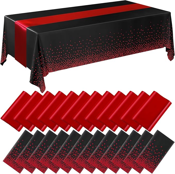 Breling 24 Pack Black and Red Disposable Plastic Tablecloths and Satin Table Runner Set, 54 x 108 Inch Tablecloth, 12 x 108 Inch Table Runners for Wedding Graduation Birthday Baby Shower