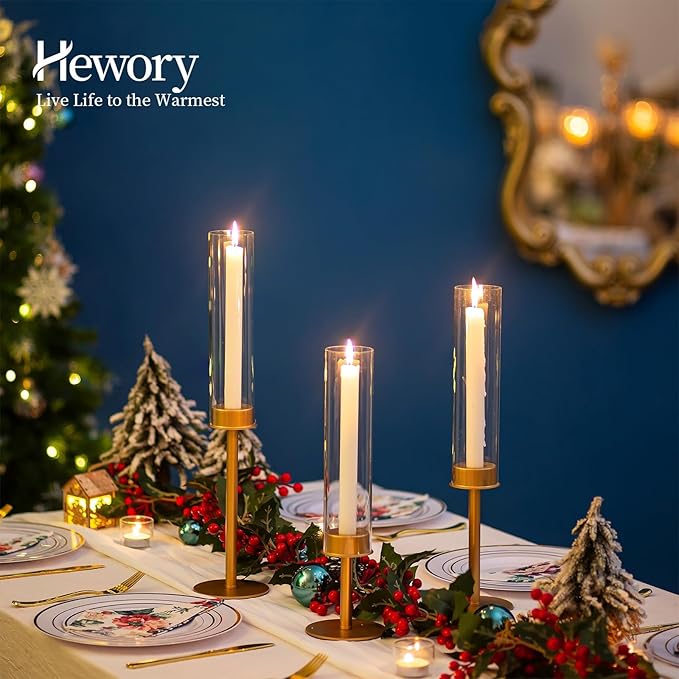 Hewory Gold Candle Holders - 6Pcs Brass Hurricane Candlestick Holders with Glass Candle Cover for Wedding Table Centerpiece Christmas Decor