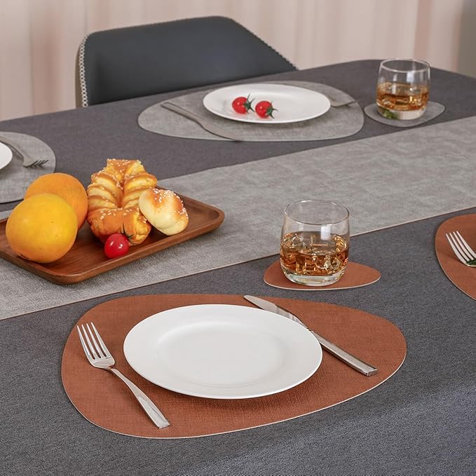 Placemats and Coasters, Washable Placemats Round Faux Leather Wipeable Place Mats Non Slip Heat Resistant Indoor Outdoor Table Mats (Set of 4, Light Gray Reddish Brown)