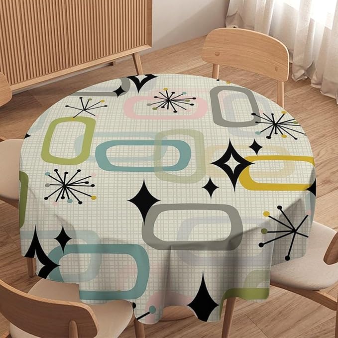Mid Century Modern Round Tablecloth, Geometry Bohemian Retro Abstract Tablecloth for Home Party Dining Room Kitchen Decor 60Inch(152cm)