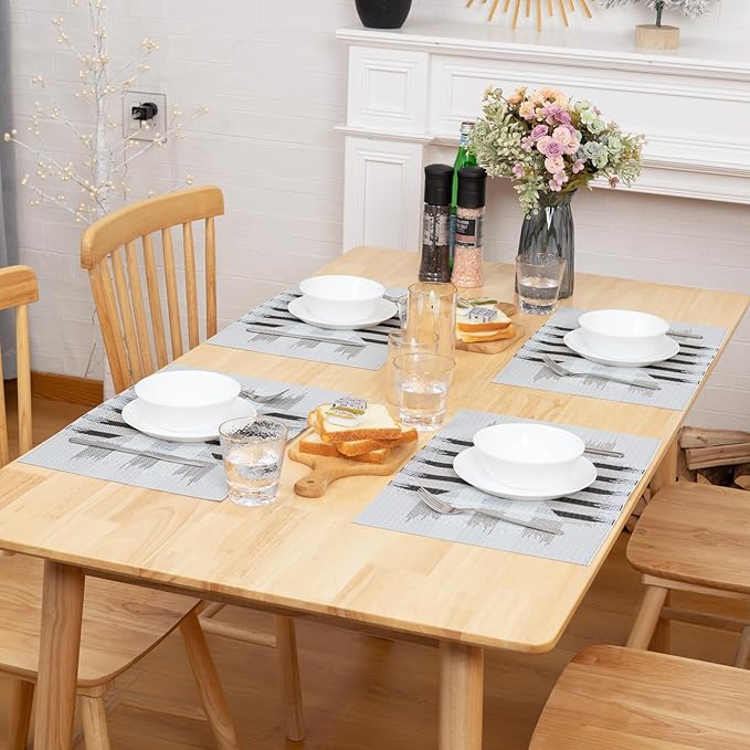 Winknowl Placemats Set of 8, Heat Resistant Stain Resistant Woven Vinyl Insulation Place mats, Durable Washable Elegant Table Mats for Kitchen Dining Table Decor (Geometric Gray)