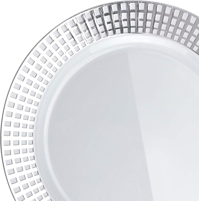 OCCASIONS 240 Plates Pack,(120 Guests) Premium Wedding Party Disposable Plastic Plates Set -120 x 10.25'' Dinner + 120 x 7.5'' Salad/Dessert (Princess White/Silver)