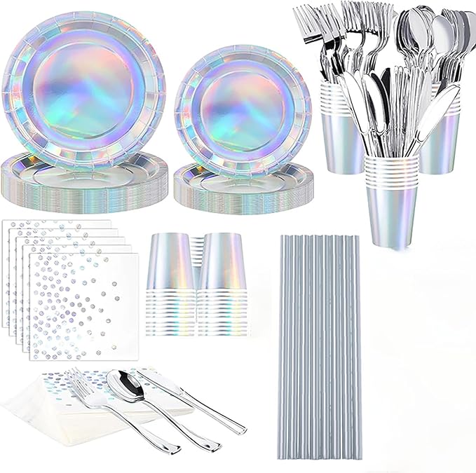Iridescent Party Supplies, Holographic Paper Plates and Napkins Set, Rainbow Disposable Paper Plates Cups Knives Spoons Fork Straw for Birthday Wedding Party Serve 25 (Iridescent)