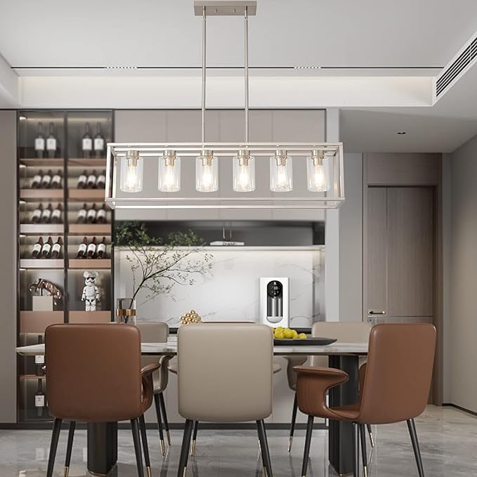 XILICON Dining Rooms Brushed Nickel Chandeliers,Kitchen Island Farmhouse Lighting Fixture Industrial Rustic Ceiling Hanging 6 Light Modern Pendant Light with Glass Shade