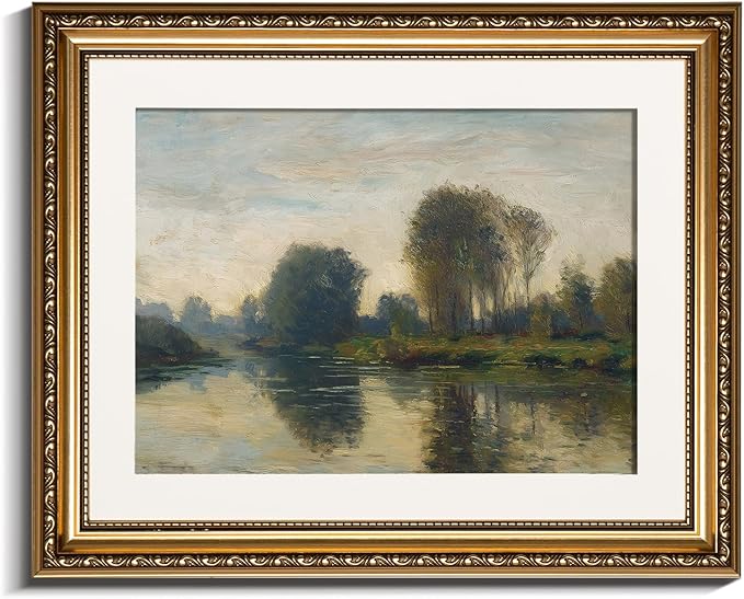 InSimSea Gold Picture Framed Wall Art, Living Room Vintage Lakeside Wall Decor, Nature River Landscape Canvas Print Art, Home Farmhouse Decor, Antique Paintings with Frame 13x16inch