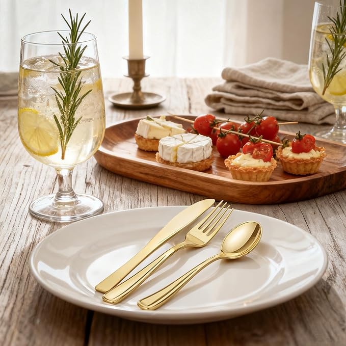 WDF300 Pieces Gold Plastic Silverware - Heavy Duty Disposable Cutlery Set Plastic Gold Silverware Set Includes 100 Forks, 100 Spoons, 100 Knives for Party Valentine’s Day