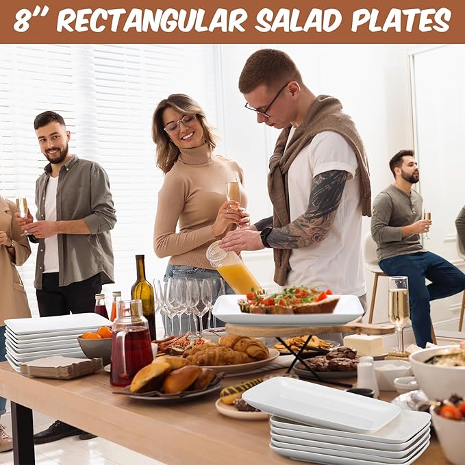 Irenare 24 Pcs 8 Inch Rectangular Salad Plates White Rectangular Porcelain Dessert Plates Appetizer Serving Tray Rectangular Porcelain Platters for Fruit Sushi Dinner Parties, Microwave, Oven Safe