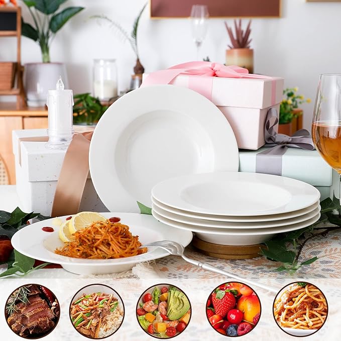 8.5 Inch Ceramic Soup Plate Set of 6, 8 Ounces Wide Rimmed Porcelain Soup Bowl, White Pasta Plates for Salad, Appetizer, Snack, Pizza, Microwave and Dishwasher Safe