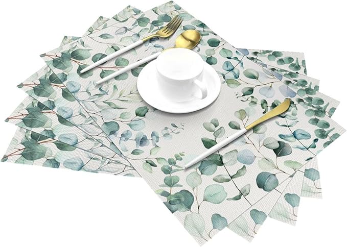 Eucalyptus Leaves Placemats Set of 4 Washable Table Place Mats for Dining Kitchen Party Decor