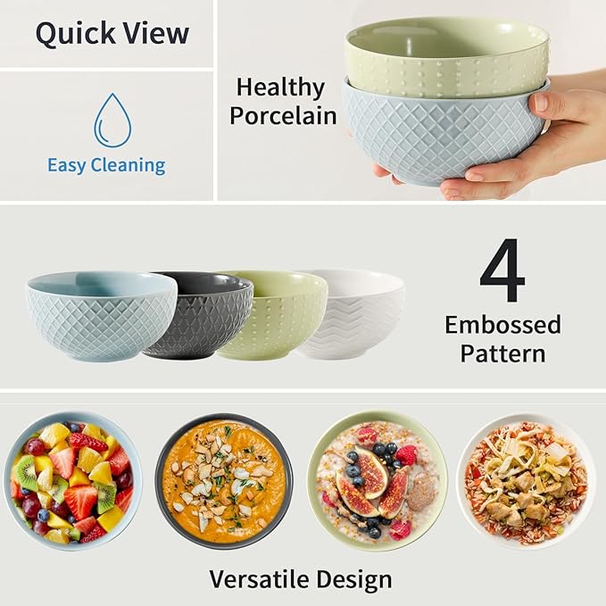 HASENSE Soup Bowls, Cereal Bowls Set of 4, 26oz Embossed Stoneware Porcelain Cereal Bowls, Large Ceramic Soup Bowls for Cereal, Oatmeal, Fruit, Salad, Noodle, Microwave Dishwasher Safe, Gray